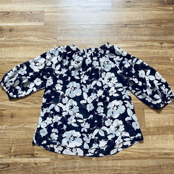 CHAPS 2X Women’s Navy White Floral Sheer Peasant Cottagecore Chic Beachy Blouse - Picture 11 of 15